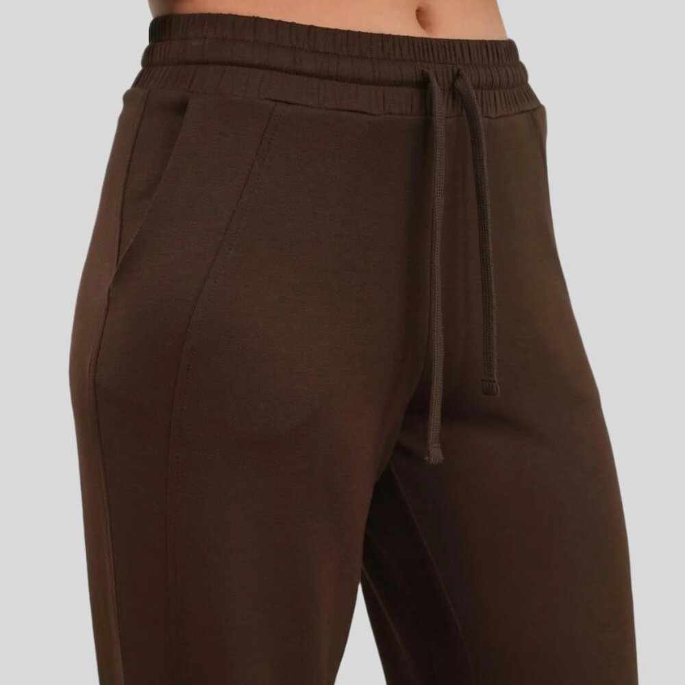 High-Waist Wide-Leg Drawstring Sweat Pant - Color Chocolate Brown